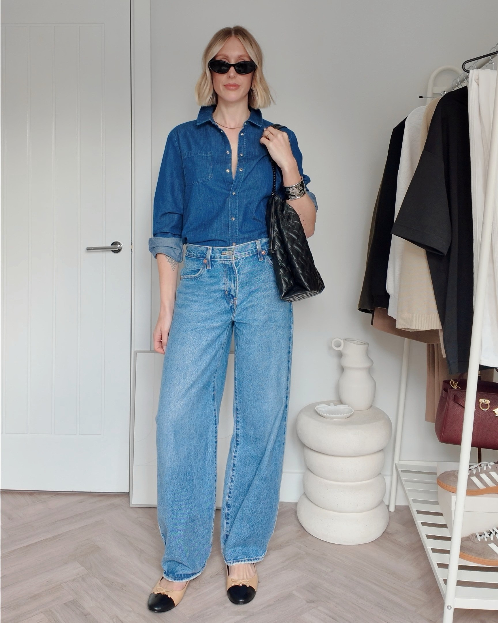 Denim shirt outfit - double denim - Levi's 90s baggy jeans - Tory Burch ballet flats - Kurt Geiger handbag - Prada symbole sunglasses 

#LTKfindsunder100 #LTKstyletip #LTKshoecrush