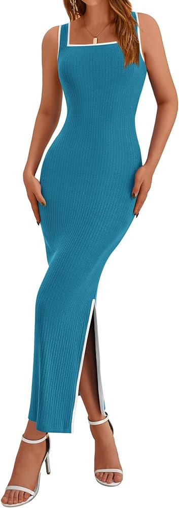 BTFBM Women's 2024 Summer Knit Bodycon Maxi Dress Sleeveless Square Neck Slit Tank Party Club Rib... | Amazon (US)