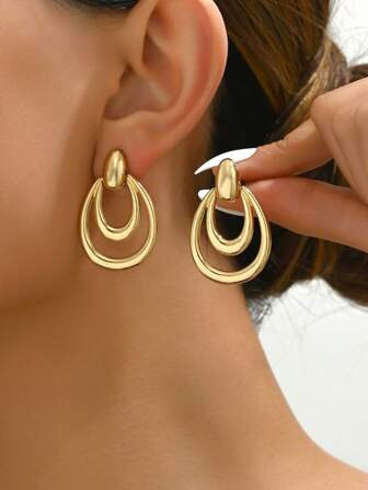 2pcs Boucles d'oreilles clip-on en métal à double cercle et forme de goutte d'eau pour oreilles... | SHEIN