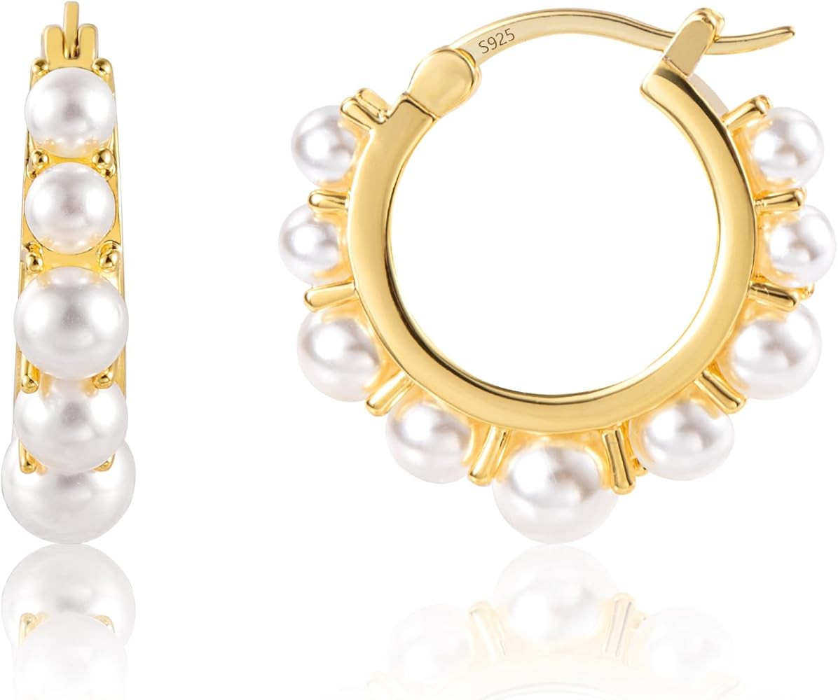 Gold Pearl Earrings for Women Hypoallergenic Sterling Silver Post Gold Pearl Hoop Earrings Pearls... | Amazon (US)