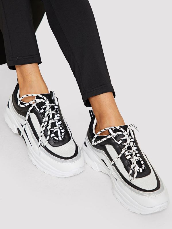 Contrast Lace-up Chunky Sole Sneakers | SHEIN