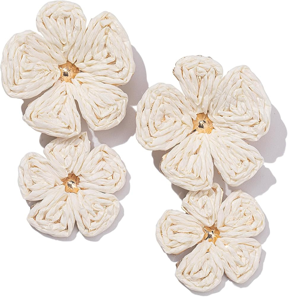 Boho Raffia Flower Drop Earrings Statement Summer Beach Vacation Jewelry | Amazon (US)