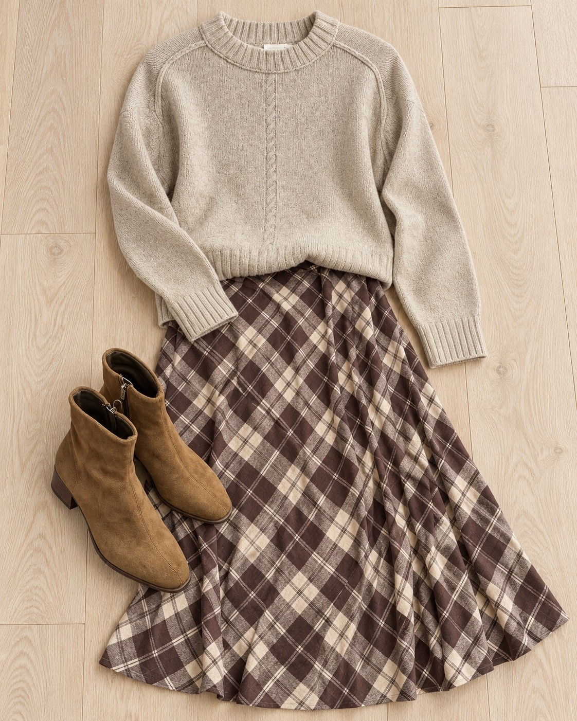 AI visualization of a Target fall outfit idea with this plaid skirt and new sweater, genuine suede boots. #targetstyle