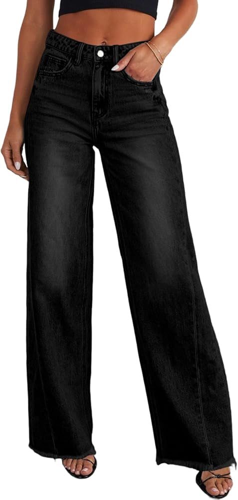 Sidefeel Women's Wide Leg Jeans High Waisted Strechy Raw Hem Denim Pants | Amazon (US)