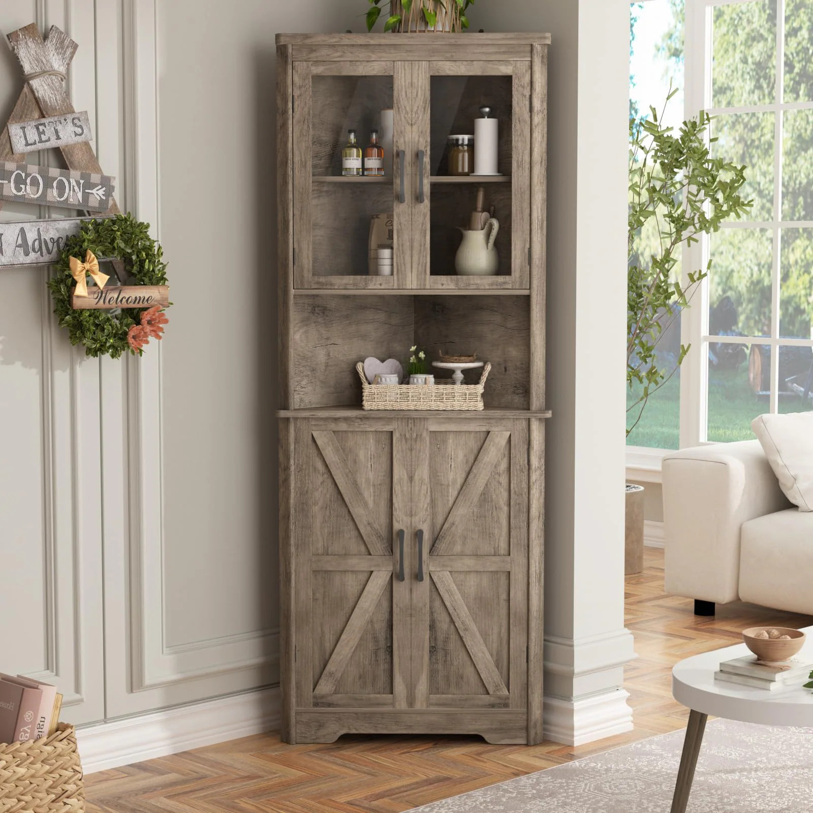 Vabches 67-in H Gray Tall Farmhouse Corner Cabinet one_size | J1S051GR0M | Lowe's