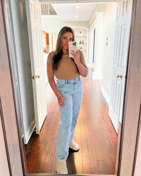 Every day style. Express body contour top. Crop top. Spring style. Every day staples. Jeans. Abercrombie jeans. Denim. Sand slides. Spring fashion 2023. 

#LTKunder100 #LTKstyletip #LTKFind