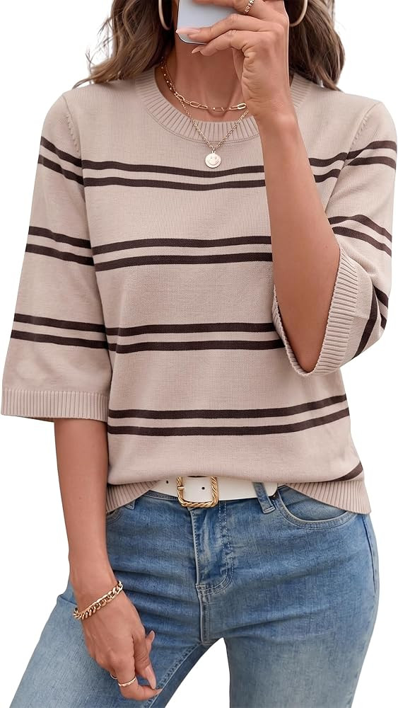 Totatuit Womens Sweaters Casual Fall Striped 3/4 Sleeve Lightweight Knit Tops | Amazon (US)