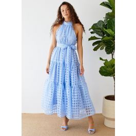 Check Halter Neck Tie Waist Maxi Dress in Blue | Chicwish