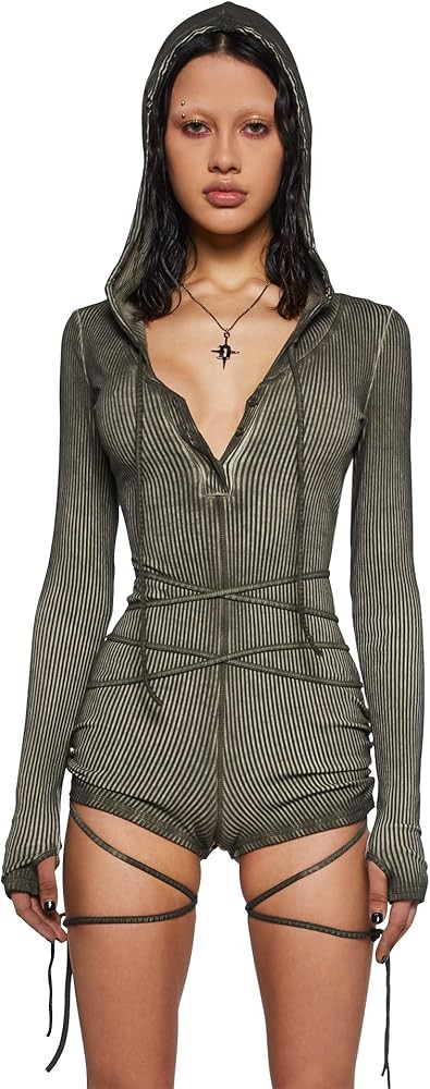 Dolls Kill Crossfade Hooded Romper by DARKER WAVS – Ribbed Jersey, Button-Up Front, and Ruched ... | Amazon (US)