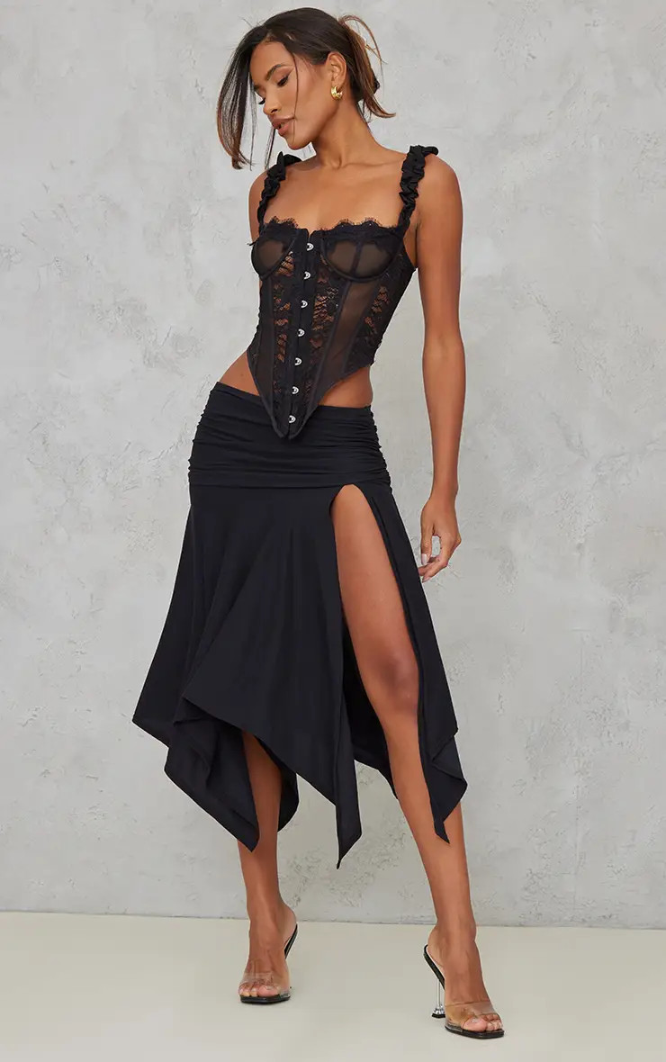 Black Soft Touch Ruched Asymmetric Midi Skirt | PrettyLittleThing US