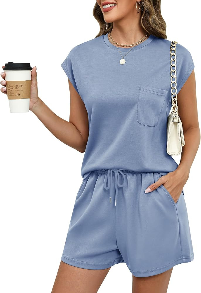 LOMON Two Piece Shorts Sets for Women Vacation Trendy Lounge Sets Crew Neck Matching Sets Cap Sle... | Amazon (US)