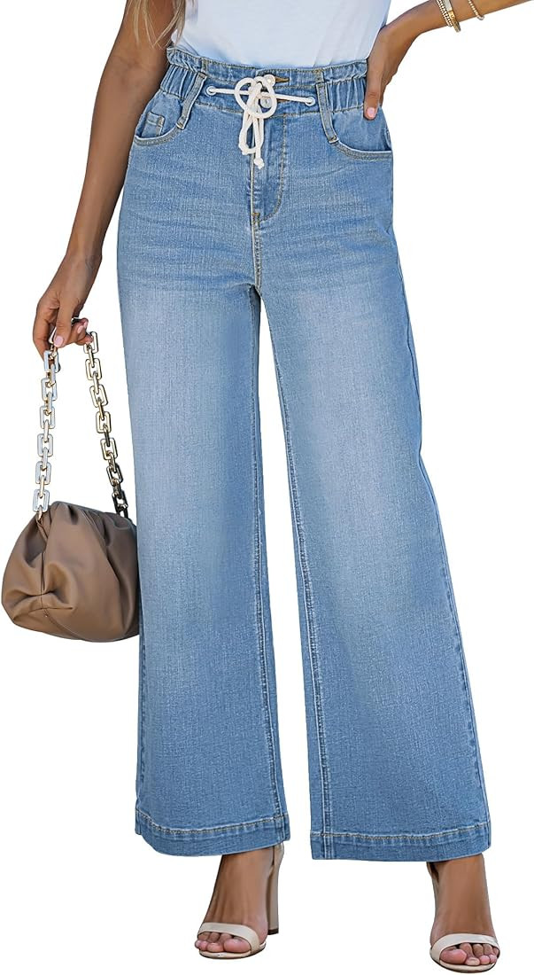 LookbookStore Womens Jeans Wide Leg High Waisted Trendy Elastic Wasit Drawstring Stretch Denim Pa... | Amazon (US)