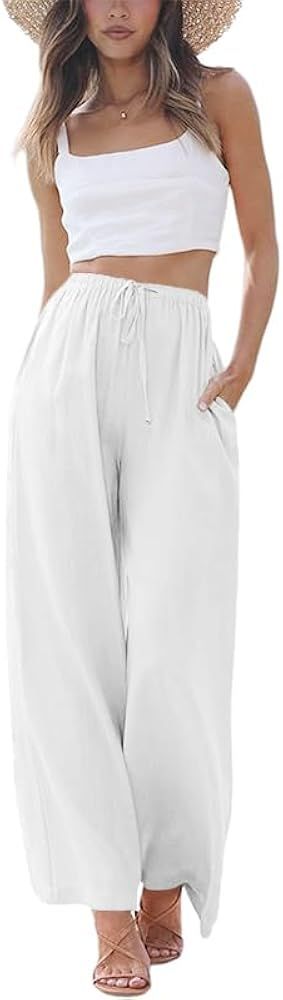 PURPEARL Linen High Waisted Wide Leg Palazzo Pants for Women Casual Summer Drawstring Trousers Fl... | Amazon (US)