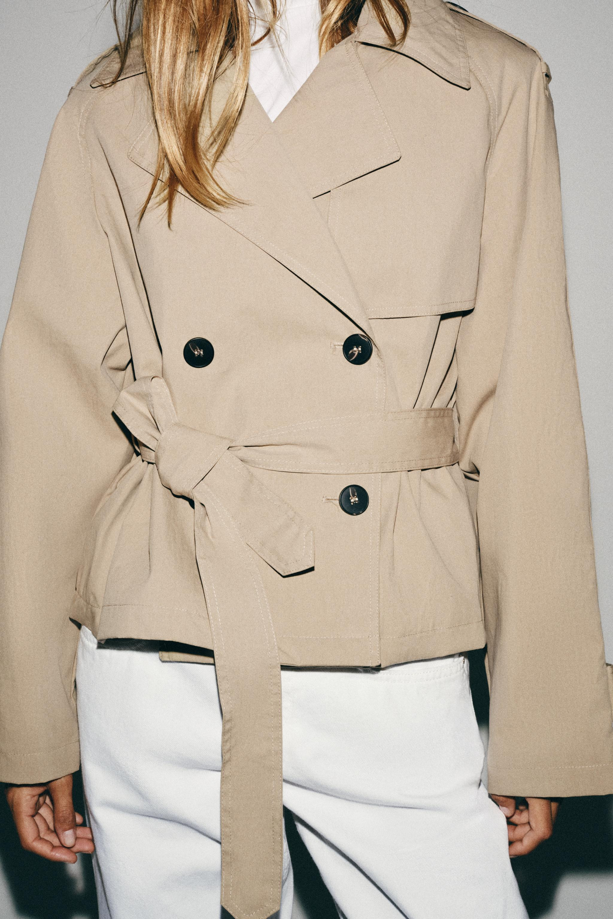 SHORT TRENCH JACKET WITH SHOULDER PADS AND BELT | Zara US