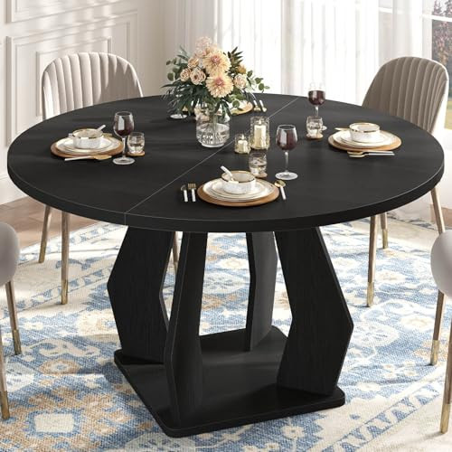 IBF Black Round Dining Table for 4-6, 47 Inch Kitchen Table with Spacious Tabletop Modern Circle Dining Table, Wood Dinner Table Pedestal Base for Dining Room, Kitchen,Living Room,Office | Amazon (US)