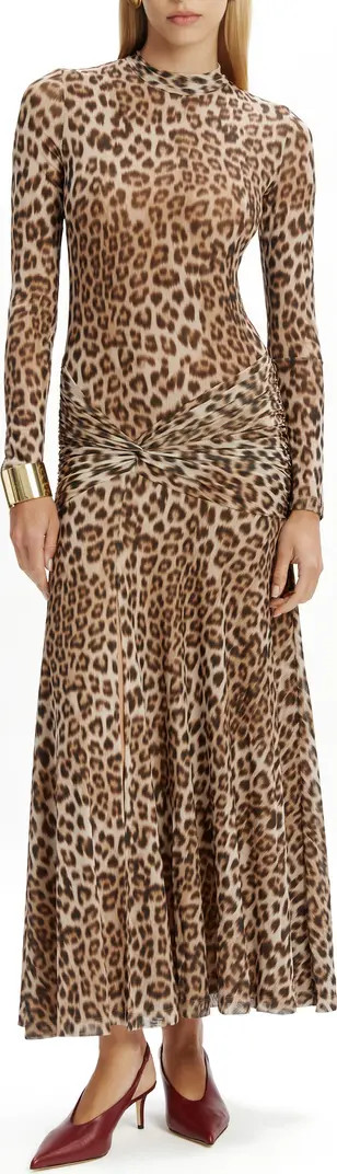 Lea Leopard Print Long Sleeve Mesh Midi Dress | Nordstrom