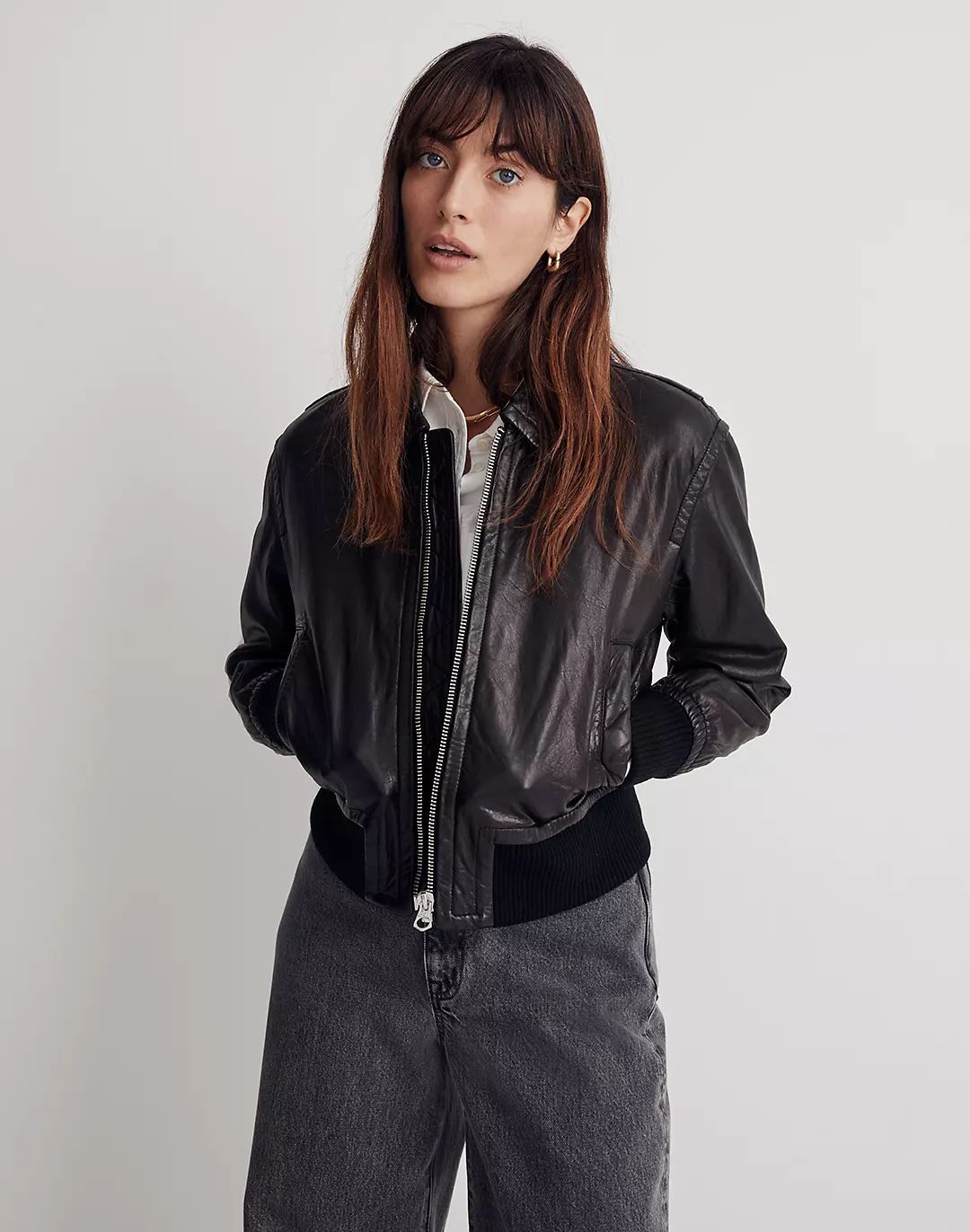 Washed Leather Crop Bomber Jacket | Madewell