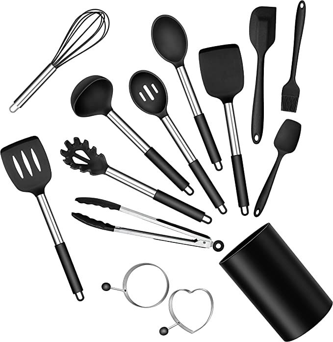 Silicone Cooking Utensils Set, E-far 14-Piece Black Kitchen Utensils Set with Holder, Kitchen Too... | Amazon (US)