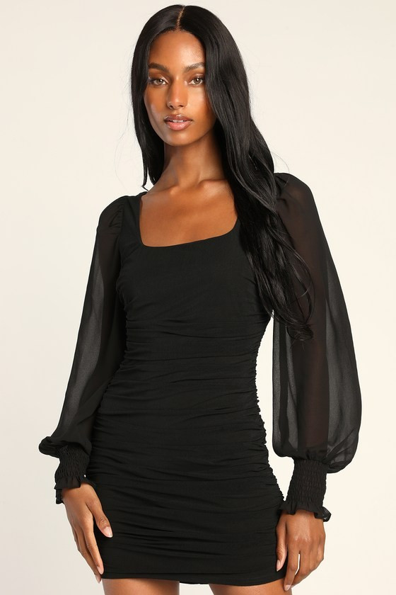 Perfect Sensation Black Mesh Ruched Puff Sleeve Mini Dress | Lulus