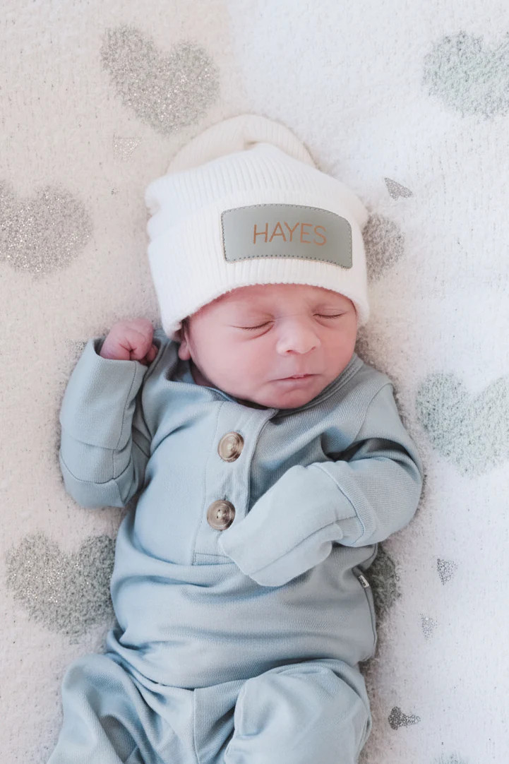 Personalized Newborn Leather Patch Beanie | All Colors | Caden Lane