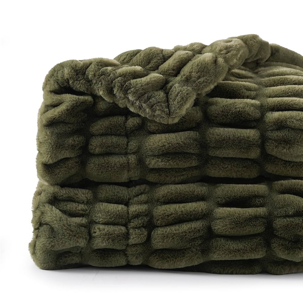 BATTILO HOME Olive Green Faux Fur Throw Blanket for Bed, Double Side Reversible Ruched Faux Rabbi... | Amazon (US)