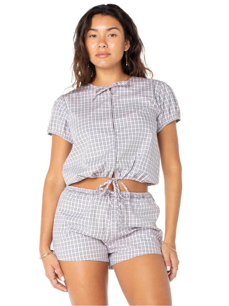 Celebrity Pink Women's and Women's Plus Button Front Puff Sleeve Top with Ties, Sizes XS-XXXL | Walmart (US)