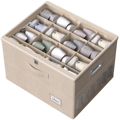 Shoe Organizer for Closet,Large Shoe Box Storage Containers with Clear Window,Space Saving Shoe Bin with Foldable Bottom Support and Adjustable Dividers - Fits 16 Pairs | Amazon (US)