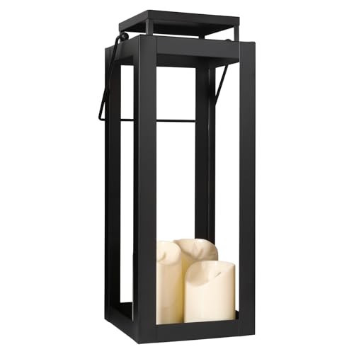 12.4" Black Metal Modern Candle Lantern – Decorative Hurricane Lantern for Indoor & Outdoor Use, Ideal for Table, Black Lantern for Mantle, Halloween, Christmas, and Wedding Decor (No Glass Panel) | Amazon (US)
