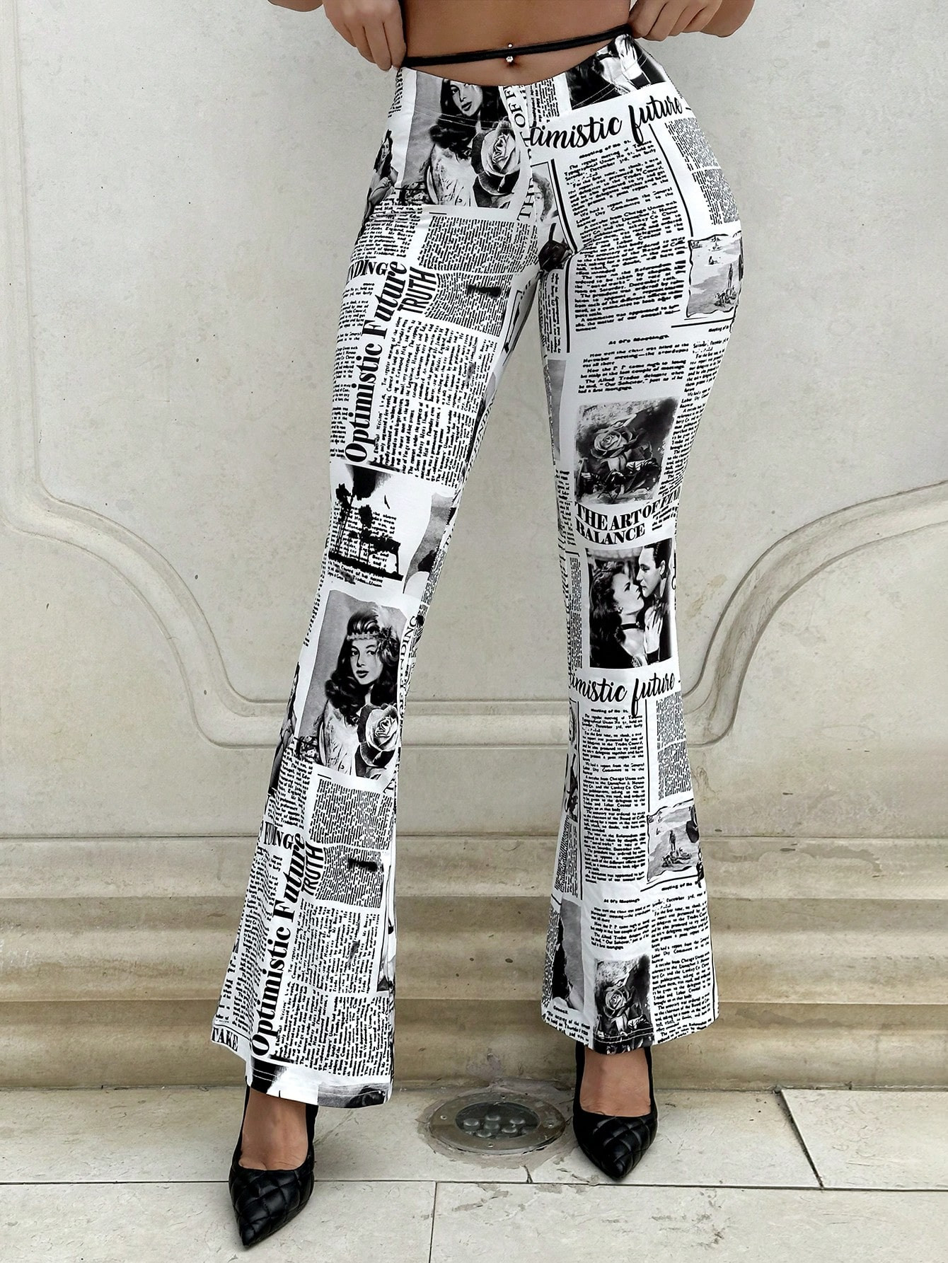 SHEIN ICON Newspaper Print Flare Leg Pants | SHEIN