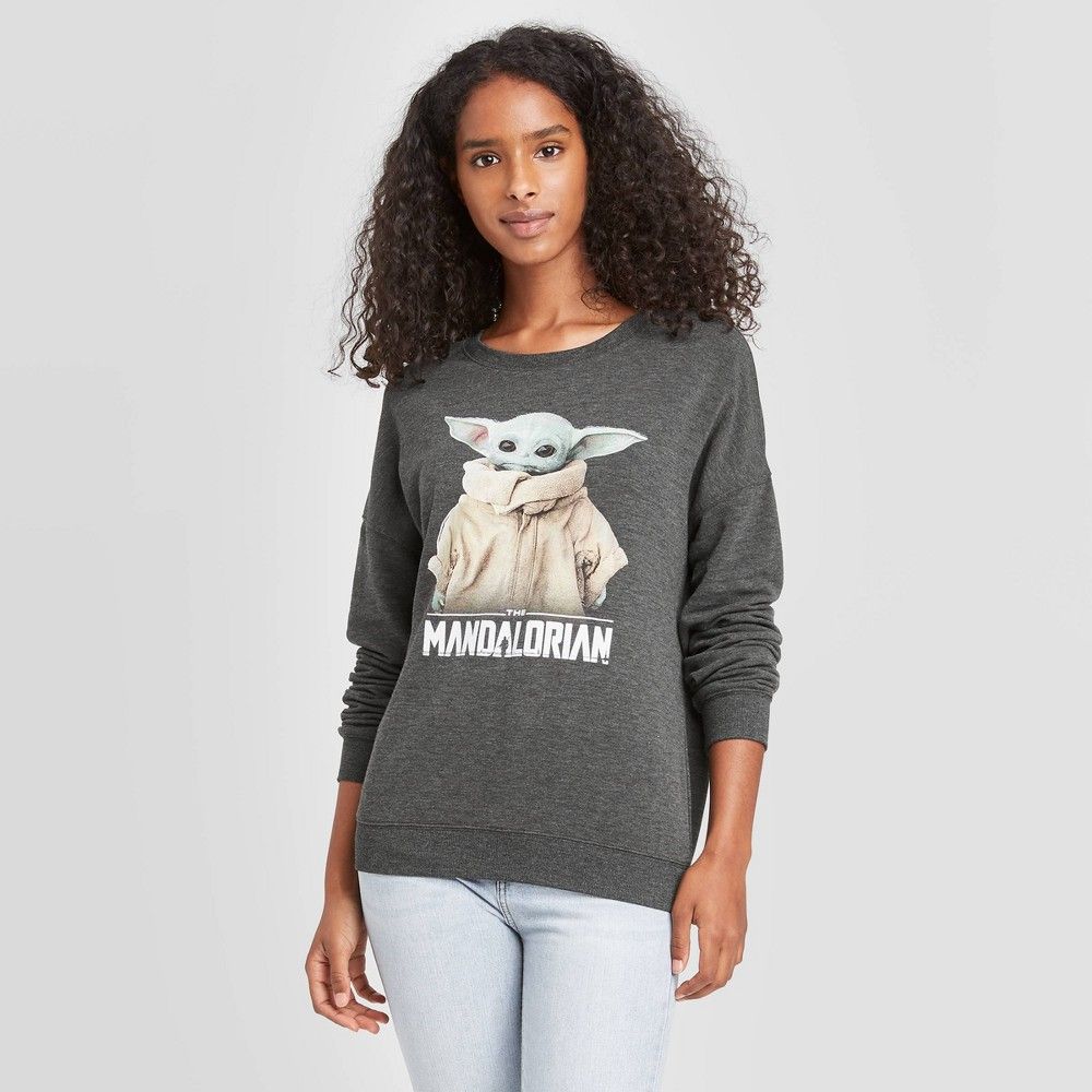 Women's Star Wars Mandalorian Baby Yoda Graphic Sweatshirt - Charcoal Heather XL, Grey/Grey | Target