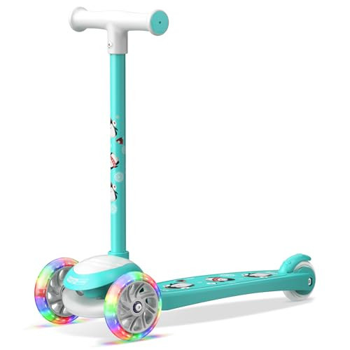 3 Wheel Scooter for Kids, Smooth Light Up LED Front Wheels, Wide Anti Slip Deck, Rear Foot Brake, Easy Lean to Steer Maneuvering, Indoor & Outdoor Ride On Toys for Ages 2 Up, Penguin Theme Color | Amazon (US)