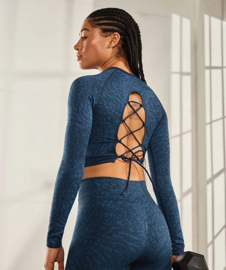 Gymshark Adapt Animal Seamless Lace Up Back Top - Wild | Navy | Gymshark US