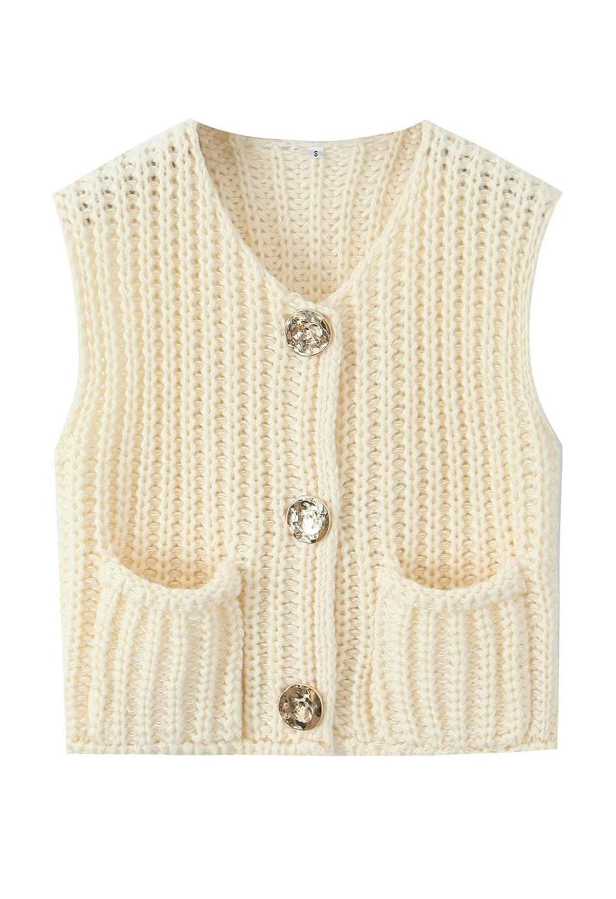 Bold Golden Buttons Patch Pocket Chunky Knit Vest in Cream | Chicwish