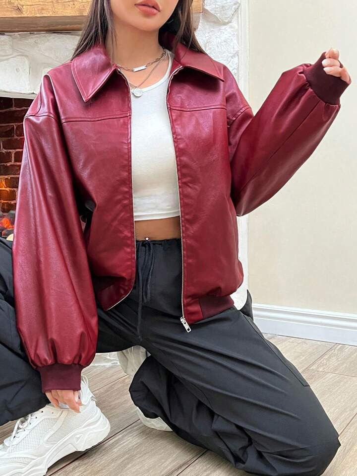 SHEIN EZwear Chaqueta rojo con cremallera, de manga larga y hombros caídos | SHEIN