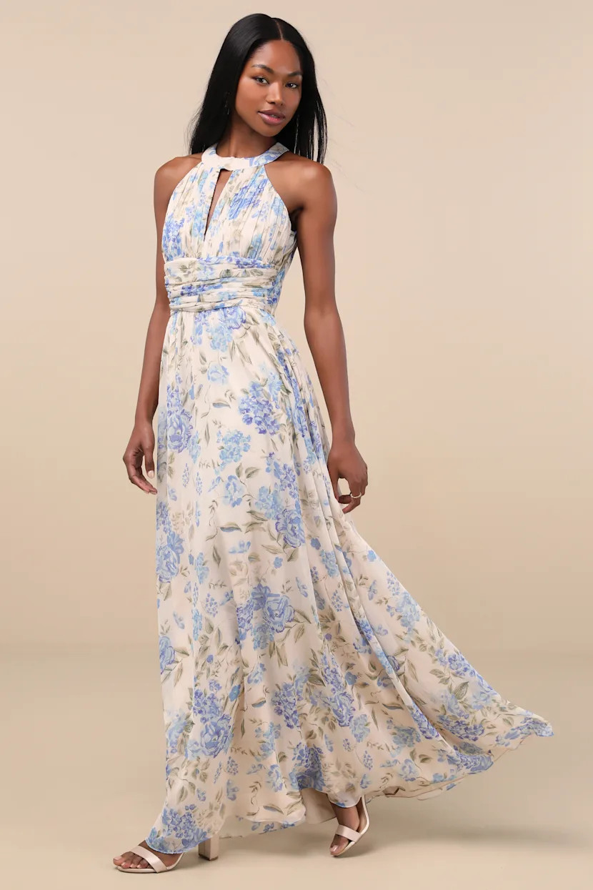 Sintra Beige and Blue Floral Pleated Backless Maxi Dress | Lulus