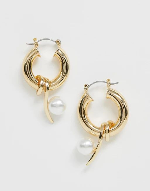 ASOS DESIGN hoop earrings in sleek wrap shape with pearl in gold | ASOS US