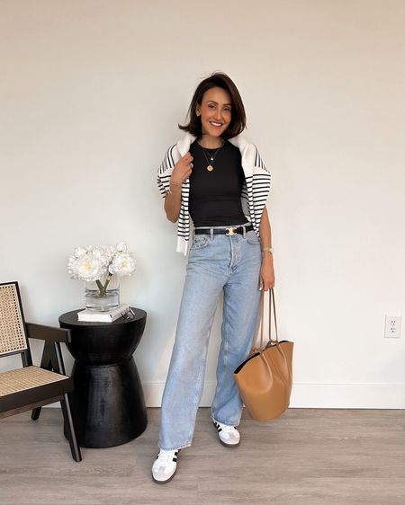 Look do dia! My outfit of the day with the comfiest yet chic pieces I love! Skims tee bodysuit, stripped pullover and baggy jeans with my black and white adidas sambas ! Sezane bag - my most worn as of late! 

#LTKshoecrush #LTKitbag #LTKstyletip