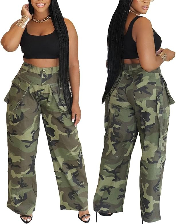 Women's Camo Cargo Pants Y2K High Waisted Wide Leg Baggy Army Fatigue Trousers with Pockets Sweat... | Amazon (US)