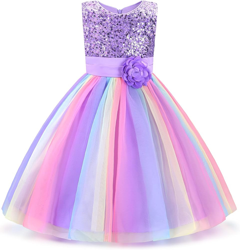 Uhnice Little Girl's Sequin Sleeveless Mesh Rainbow Dress for Wedding Party | Amazon (US)