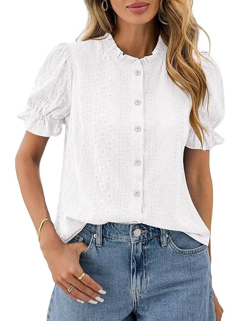 PRETTYGARDEN Womens Puff Short Sleeve Tops Summer Spring Button Down Boho Embroidered Cute Blouse... | Walmart (US)