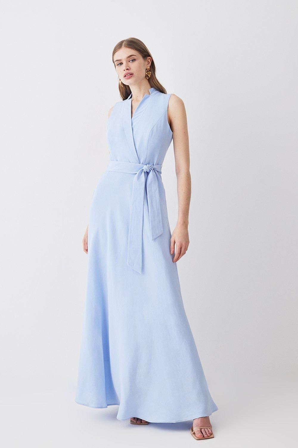 Linen Wrap Tie Waisted Maxi Dress | Karen Millen UK + IE + DE + NL