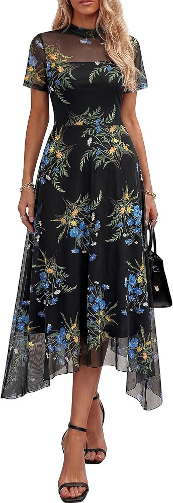 PRETTYGARDEN Cocktail Dresses for Women 2026 Summer Short Sleeve Floral Mesh Sheer Midi Party Wed... | Amazon (US)