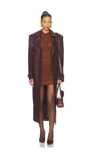 AEXAE x REVOLVE Leather Suede Trench Coat in Burgundy. - size M | Revolve Clothing (Global)
