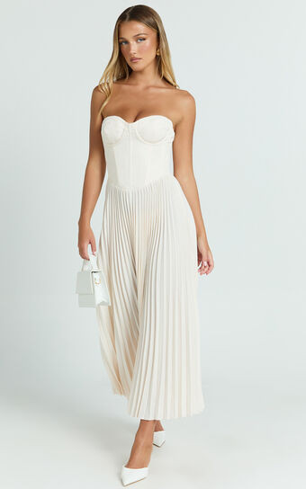 Loretta Midi Dress - Lace Up Back Bustier Pleated Dress in Cream | Showpo (US, UK & Europe)