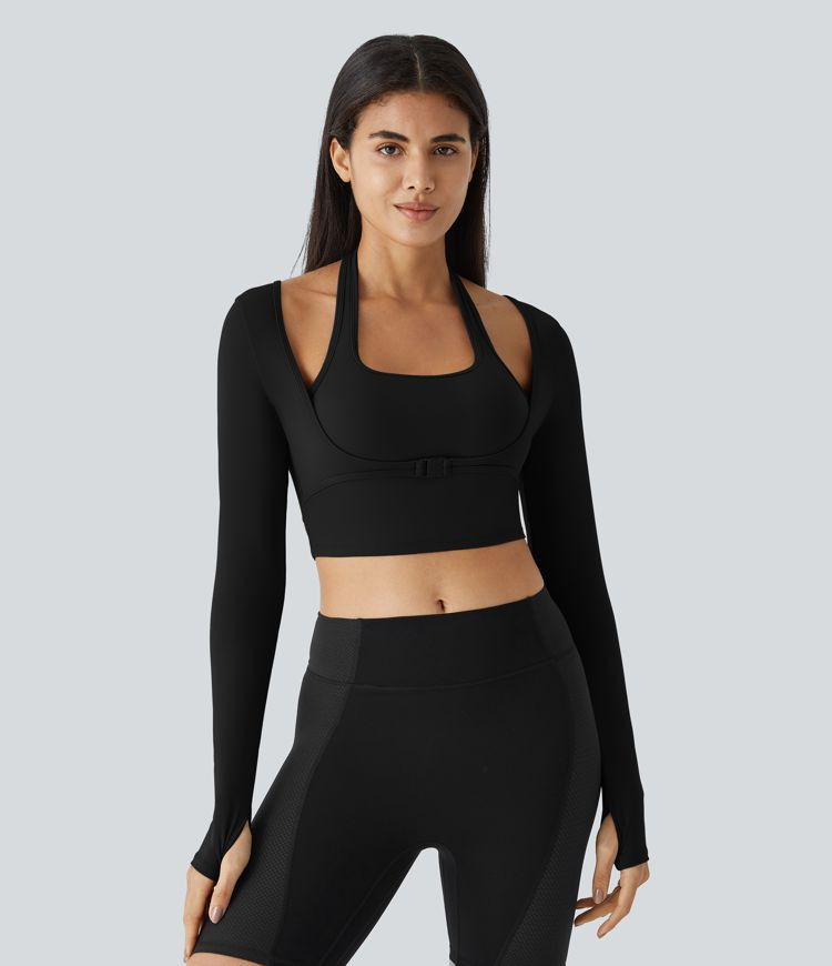 Women’s Softlyzero™ Plush Halter Thumb Hole Long Sleeve Cropped 2-in-1 Yoga Sports Top - Hala... | HALARA