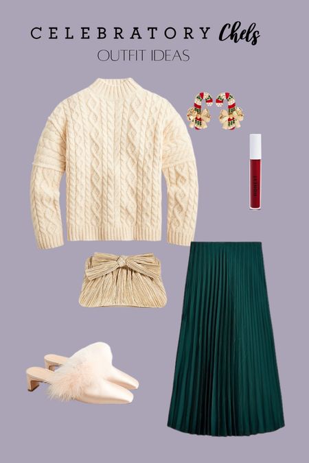 Cable knit turtleneck sweater
Pleated skirt
Candy cane earrings
Christmas jewelry 
Christmas party outfit
Holiday party 
Metallic clutch
Clean beauty
Liquid lipstick 
Mule heels with faux feathers 
Gifts for her 

#LTKGiftGuide #LTKbeauty #LTKHoliday