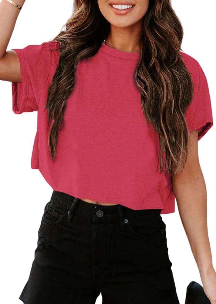 UNCLECAT Women's Cropped T Shirts Trendy Short Sleeve Crew Neck Crop Tops Solid Basic Tee | Amazon (US)