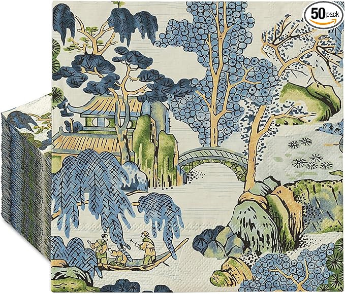 AnyDesign 50 Pcs Chinoiserie Paper Napkins Vintage Farmhouse Oriental Disposable Napkins Blue Gre... | Amazon (US)