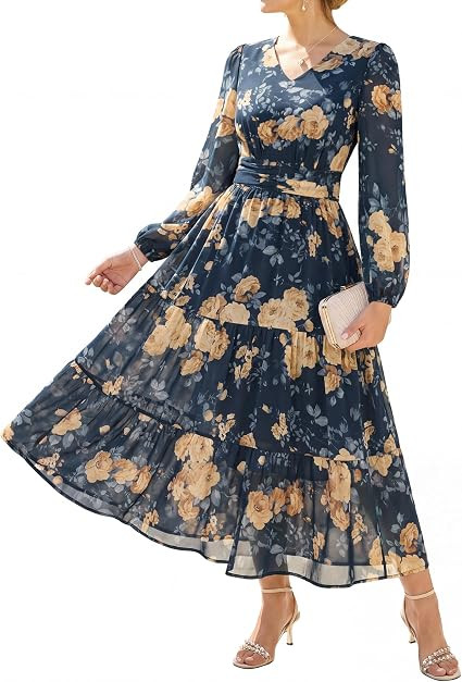 GRACE KARIN Women Floral Maxi Dress Fall Long Sleeve Wedding Guest Dresses | Amazon (US)