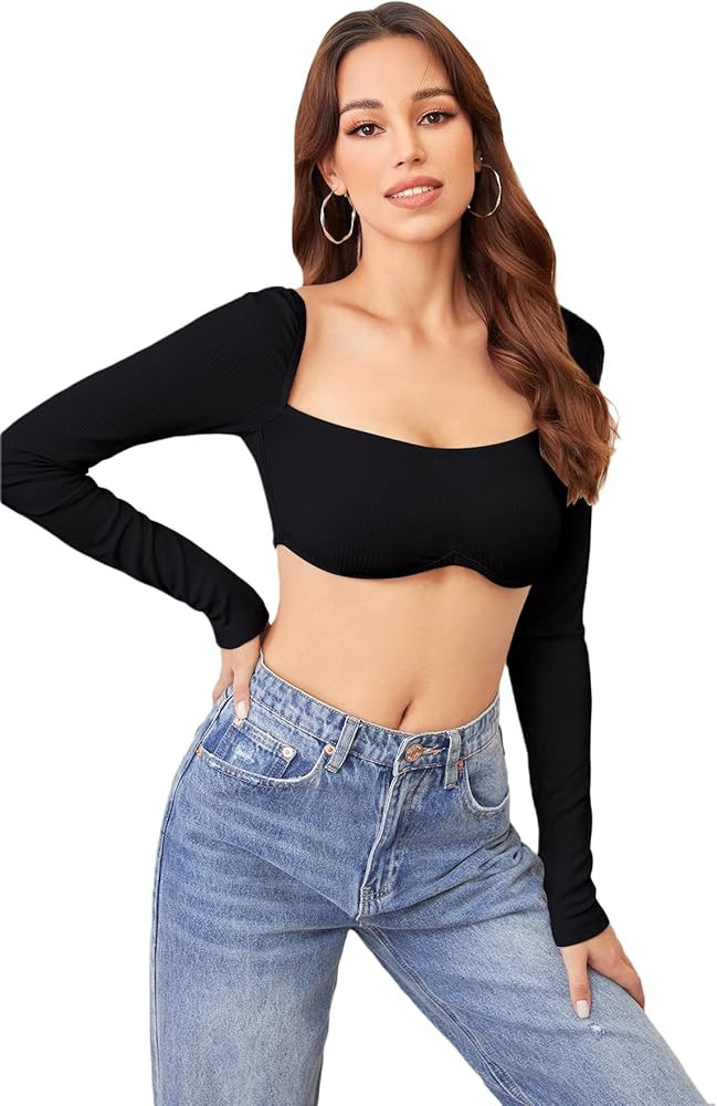 SheIn Women's Long Sleeve Crop Top Tees Square Neck Solid Ribbed Knit T Shirt | Amazon (US)